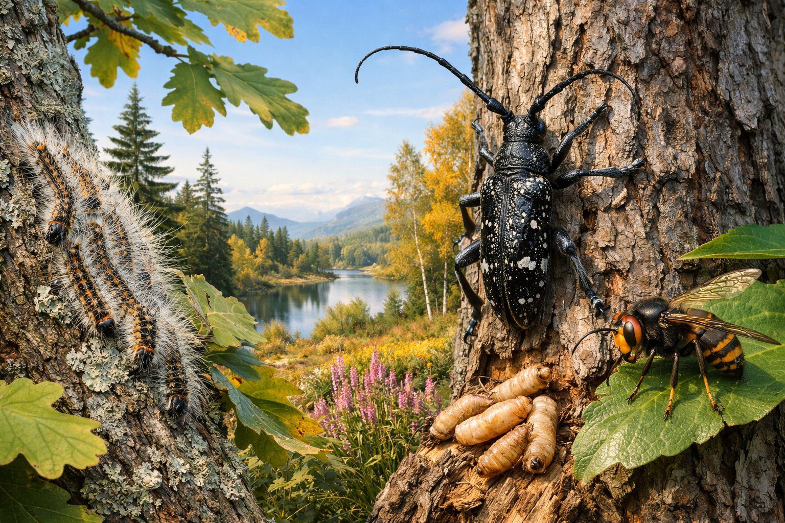 Norsk skoglandskap med ulike insekter og skadedyr på trær og blader, som viser nye arter som forventes å bli vanligere på grunn av klimaendringer.