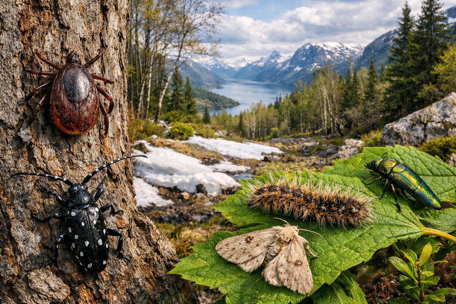 Norsk skog med insekter på trær og blader, med fjell og fjord i bakgrunnen.