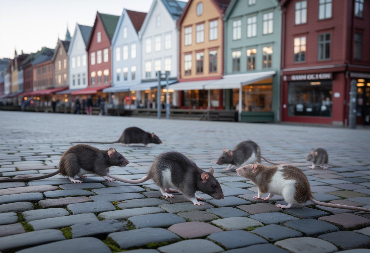 Rotter som beveger seg på brosteinsgater i Bergen nær tradisjonelle trebygninger ved Bryggen.