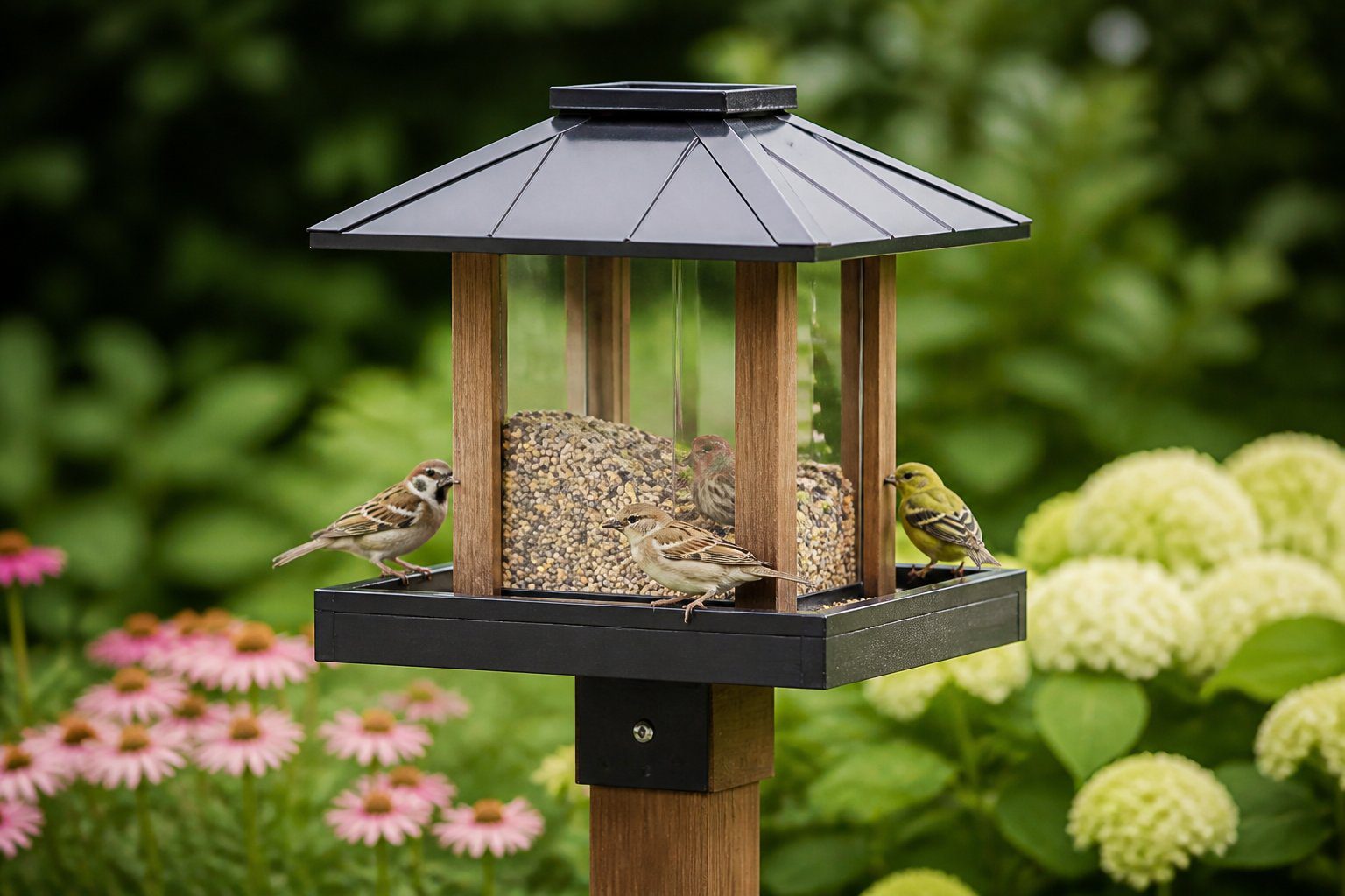 En fuglemater laget for å unngå råte, plassert i en hage med grønne planter og små fugler som spiser.