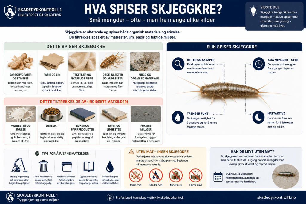 Infografikk som viser de vanligste næringskildene for skjeggkre i norske boliger.
