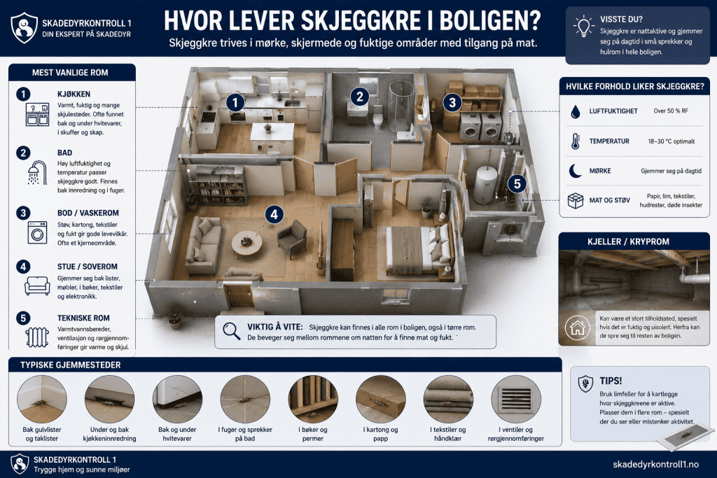 Infografikk som viser hvilke rom skjeggkre kan oppholde seg i en norsk bolig.
