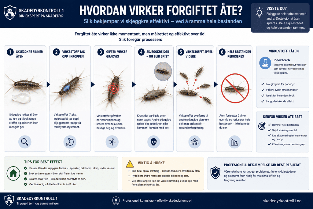 Infografikk som viser hvordan sekundærforgiftning virker ved bekjempelse av skjeggkre.
