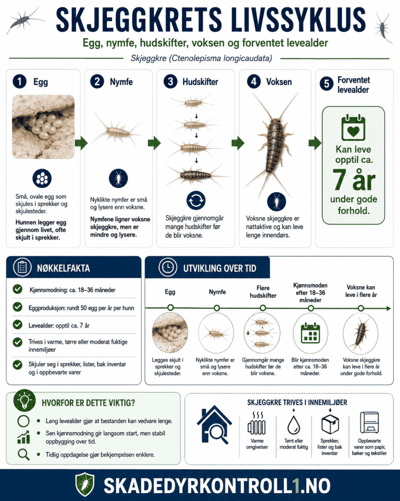 Infografikk som viser livssyklusen til skjeggkre fra egg til voksen og videre til egglegging.