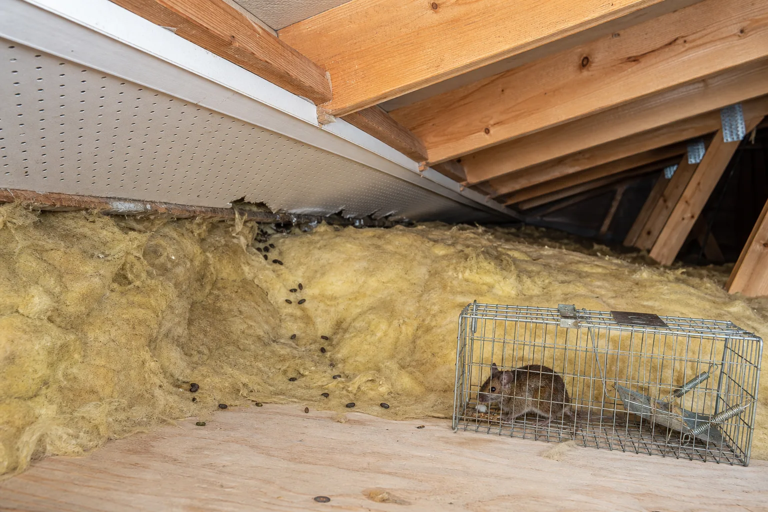 Loftinteriør i Kristiansand-bolig med isolasjon, gnagerganger og et levende fangstbur