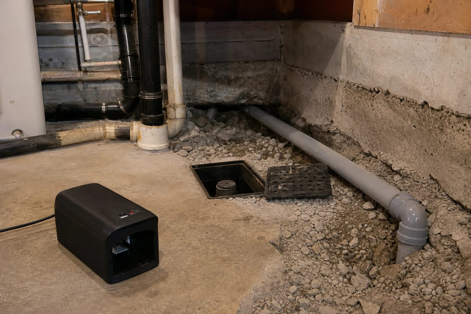 Kjellerrom i Nedenes med rørføringer og elektrisk rottefelle plassert ved åpning