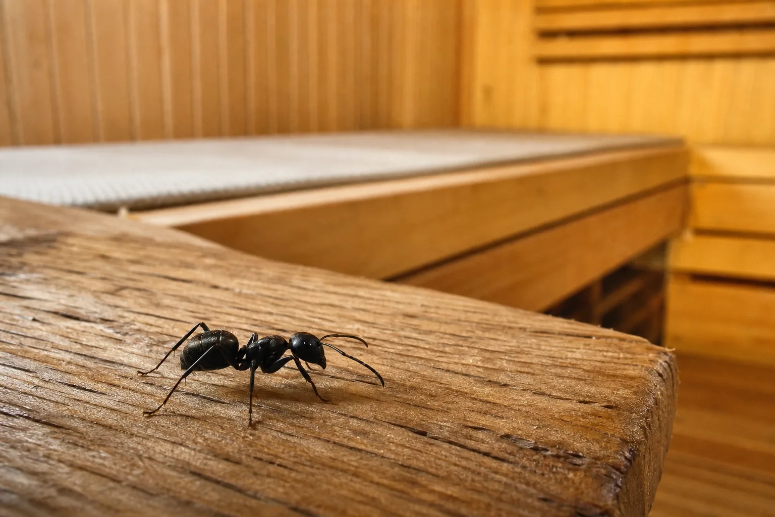 Illustrasjon av stokkmaur på trepanel i badstue i Stathelle, viser funn i oppdraget